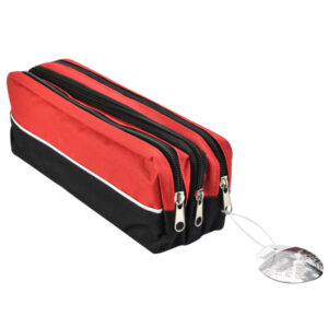 Triple Zip Rectangular Fabric Pencil Case Red